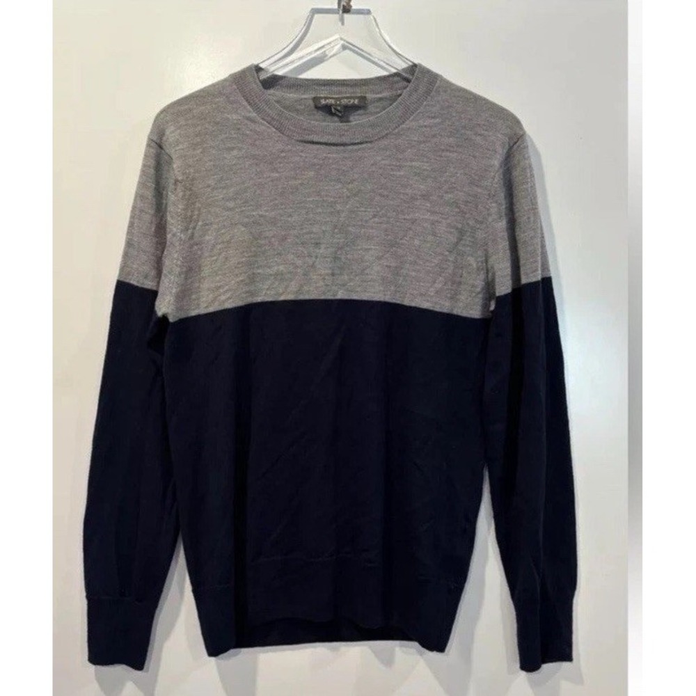 Slate & Stone Mens Wool Colorblock Crewneck Sweater Grey Navy Blue Size Medium